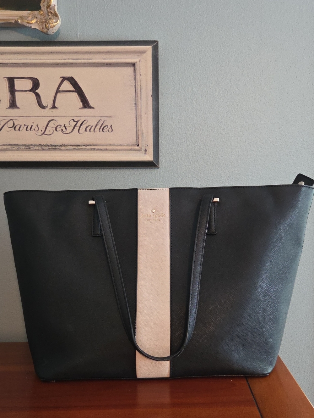 kate spade Black and Cream Center-Stripe Leather Tote